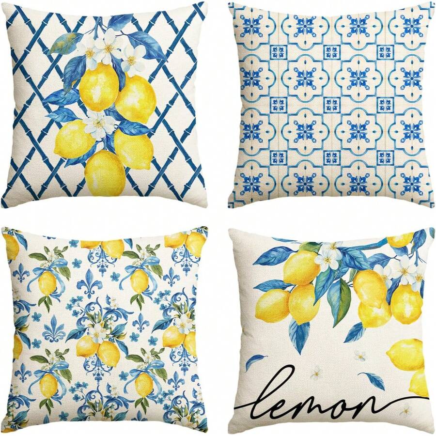 4PCS Lemon Spring And Summer Pillowcase, Blue Plaid Bamboo Summer Sofa Cushion Cover, Single-Sided Without Pillow Insert - Blue and Yellow - View 1