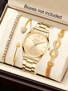 6pcs Women's Fashion Casual Mixed Stainless Steel Band Elegant Dial Quartz Watch Bracelet Jewelry Set, Suitable For Daily Wear Or Holiday Gifts - Gold - View 2
