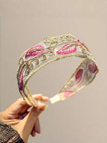 1pc Countryside Style Embroidered Leaf Wide Headband, Sweet & Versatile Mesh Breathable Hairband For Teens, Daily Use