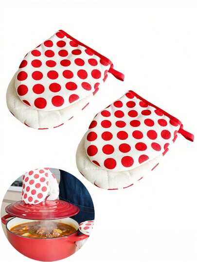 2 Pieces Short Duckbill Oven Mitt Set, Featuring A Minimalist Polka Dot Pattern And A Thickened, Heat-Resistant Interior Capable Of Withstanding Temperatures Up To 250℃/482℉. Ideal For Household Kitchen Use, These Heat-Resistant Gloves Are Suitable For Cooking, Baking, And Barbecuing.