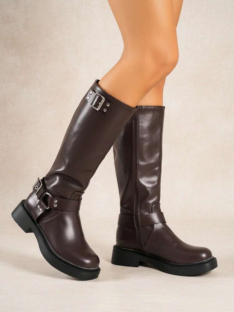 planare Botas de moda para mujer otoño/invierno 2025 a juego con suéter, botas casuales de moda para mujer con cremallera lateral y hebilla, color marrón, tacón grueso, estilo western, zapatos de goma, botas altas hasta la rodilla, botas hasta el tobillo - Marrón - Añade 2