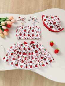 2pcs Baby Girls Cute Fashion 3D Bow Strawberry Flower Heart Print Camisole Top And Layered Tutu Skirt With Hat, Spring/Summer - White - View 2