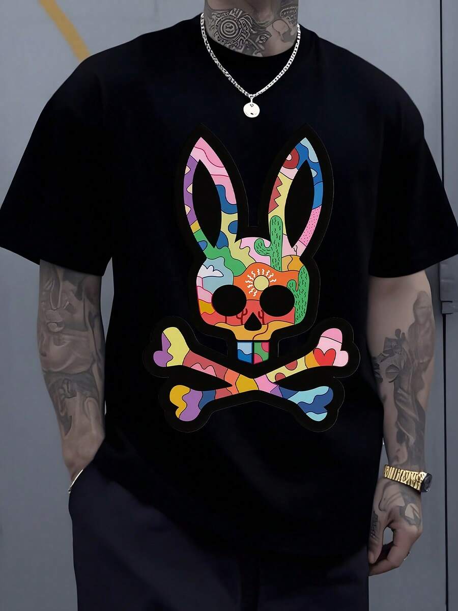 Graphic Skull Bunny Digital Printed T Shirt 220g 1Pcs Abstract Art Style Men's Casual Short Sleeve 100% Cotton Tee Funky Design - Black - View 1