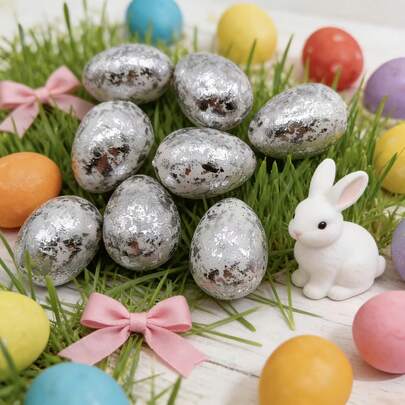 12pcs Silver Foil Easter Eggs | Suitable For Centerpiece Decor, Party Decoration, Wreath Accents, And Gift Packaging, Adding Ceremonial Atmosphere To Spring Celebrations.