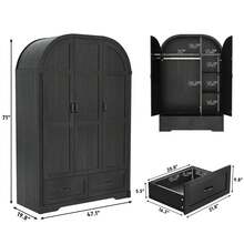 Armoire Wardrobe With Mirror & Lights, 71" Farmhouse Arched Design, Features Hanging Rod & Drawers For Bedroom Storage - 黑色 - 查看 9