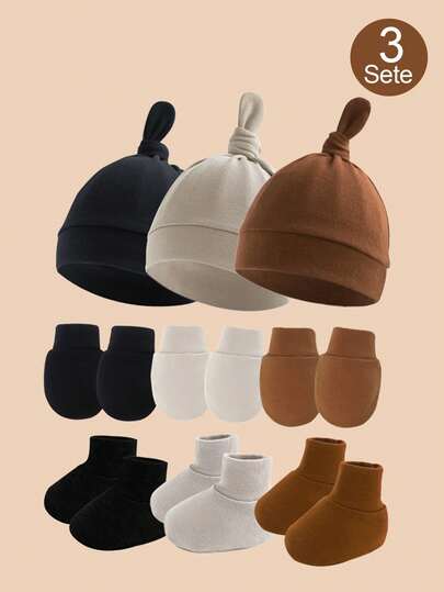 3pcs Newborn Set (0-3 Months) - Knotted Knit Hat, Anti-Scratch Mittens And Baby Shoes, Soft Knit Everyday Baby Essentials In Multiple Colors