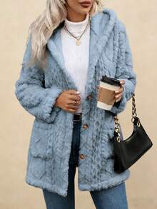 2026 New Women's Comfortable Faux Fur Winter Jacket, Valentine's Day Fashion Jacket Item, Front Button And Pocket Long Casual Style, Solid Color, Button Design, Suitable For Cold Weather, Winter Casual Wear | Button Jacket | Durable Jacket, Women's Winter Wear, Women's Jacket, Women's Winter Jacket, Women's Wool Jacket - 藍色*旗艦升級款 - 查看 6