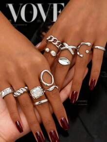 12 pièces/set Ensemble d'anneaux style punk, bagues design géométrique vintage pour femmes, bijoux personnalisés , convient pour le port quotidien et les fêtes - Argent - Voir 5