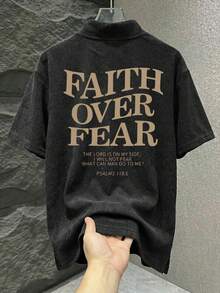 Men's Casual Slogan Print Short Sleeve Polo Shirt, Summer - Black - View 5