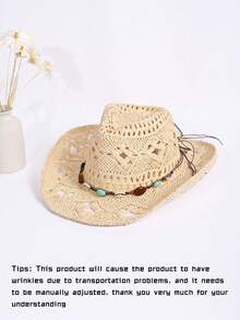1顶男女通用宝石装饰西部牛仔帽，镂空印花草帽，春夏旅行防晒沙滩帽，休闲遮阳帽（收到产品后，如果帽檐变形，需要手动调整恢复原状）