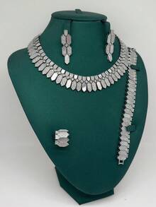 四件套奢华珠宝套装：项链、耳环、戒指、手链，镶嵌立方氧化锆，新娘珠宝套装，情人节礼物，精美项链套装 - 白色 - 查看 6