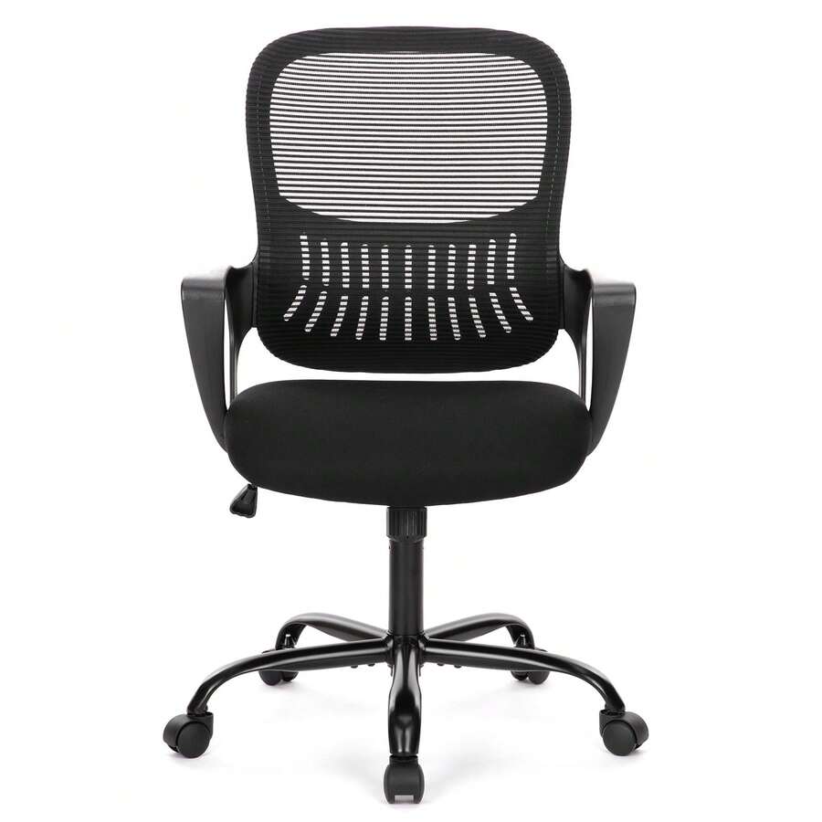 Mid Back Ergonomic Office Chair With Wheels & Lumbar Support Black Mesh Computer Chair Adjustable Swivel Rolling Task Chair For Home Office Bedroom Workstation - 黑色 - 查看 1