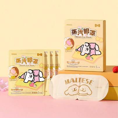 Miniso Maltese Series Steam Eye Mask (5 Packs Strawberry Flavor), Soft Non-Woven Fabric Material, 20-Minute Constant Temperature Hot Compress, Relieve Eye Fatigue, Suitable For Office Lunch Break/Home Relaxation/Travel Rest, Cute Fragrance Eye Care Patch(1 PC)