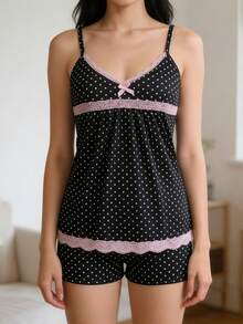 Women's Summer Pajamas Set Stylish Dot Print Lace Trim Camisole Tops With Shorts Lounge Wear 2 Pcs Set - 黑色 - 查看 2