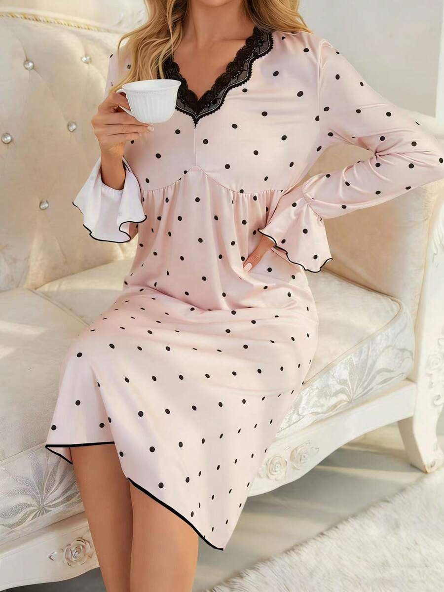 1 chiếc váy midi dài tay họa tiết chấm bi cổ chữ V viền ren thanh lịch dành cho nữ, mùa xuân/thu - Rượu sâm banh - Xem 1