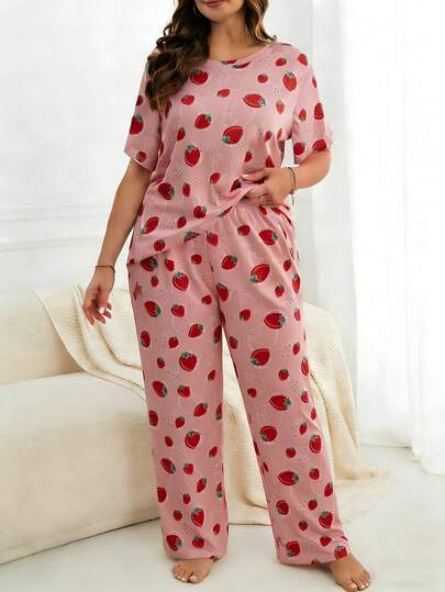 Plus Size Women Elegant Casual Outfit, Spring/Summer Christmas Plus Size Strawberry Print Short Sleeve Top And Long Pants Pajama Homewear 2-Piece Set