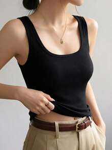 Black Ribbed Square Neck Camisole For Women - Built-In Padded Bust Slim Fit Sleeveless Comfortable T-Shirt Top, Soft & Casual Daily Wear - Black - View 10