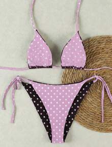 Plus Size Summer New Women's Suspender Solid Color Hanging Neck Pink Polka Dot Triangle Cup Two Pieces Bikini Set, Suitable For Vacation, Beach Date, Valentine's Day Lace Up Swimsuit Set - Multicolor - View 2