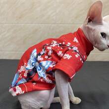 Sphynx Cat Clothes, Soft Fabric Red Butterfly Print, Festive For Autumn/Winter - Red - View 3