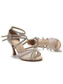9cm Glittering Gold Latin Dance Shoes For Women, Professional Tango Social Dance Training Shoes, Rhinestone Wedding Heels, Soft Bottom Indoor Party High Heels - Gold - View 6