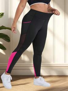 Pantalones de yoga de talle alto y control de barriga para mujer de talla grande, con longitud 9/10, bolsillos laterales, inserto de malla, diseño con ribete de contraste, tallas XL-5XL, 27 pulgadas de entrepierna, leggings de yoga casuales para entrenamiento - Negro - Ver 5
