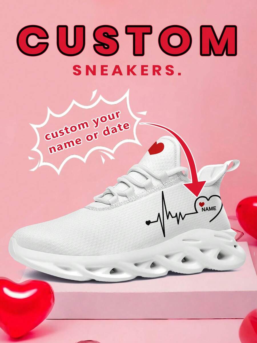 Custom Unisex Valentine's Day Sneakers With Personalized Name Print, Festive Heart Design Cozy Shoes With Customized Lover's Name, Lightweight Comfortable Soft Bottom Sneakers For Men And Women, Gym Training Breathable Tennis Shoes, Unique Valentine's Gift For Mom/Dad/Her/Him/Girlfriend/Boyfriend/Wife/Husband/Friend - White - View 1