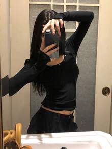 Áo len cổ tròn dệt kim đính đinh tán, áo dài tay ôm dáng đa năng dành cho nữ, màu đen, thích hợp mặc mùa xuân. - màu đen - Xem 4