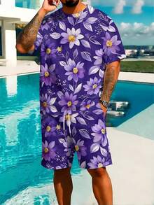 Two-Piece Men's Summer Vacation/Outing Set In A Purple Floral Knit Fabric, Featuring A Full And Soft Texture And Short-Sleeved Beach Shorts. - 彩色 - 查看 2