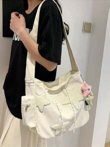 1pc Contrast Color Corduroy Star Decor One Shoulder Bag, Fashion Casual Large Capacity Corduroy Crossbody Bag With Anti-Theft Zipper, Student School Backpack, Holiday Gift