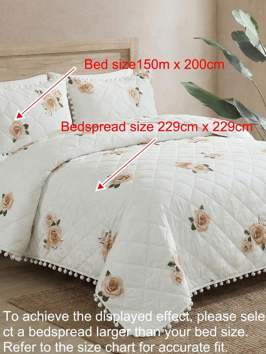 三件套花卉印花四面荷叶边床上用品套装（1个床裙+2个枕套，不含枕芯），柔软亲肤，适合日常使用，适用于卧室、主卧、客房，四季皆宜。