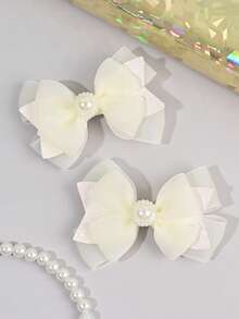 2pcs Solid Color White Hair Bows For Girls,Mesh Glitter Pearl Decor Hair Clips For Kids,Fashion Pearl Hair Accessories For Toddlers Gifts - White - View 3