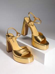 Women Chunky High Heeled Sandals 2026 New Spring Summer Sexy Open Toe Ankle Strap Super High Heel Sandals Suitable For Party Runway - 金色 - 查看 1