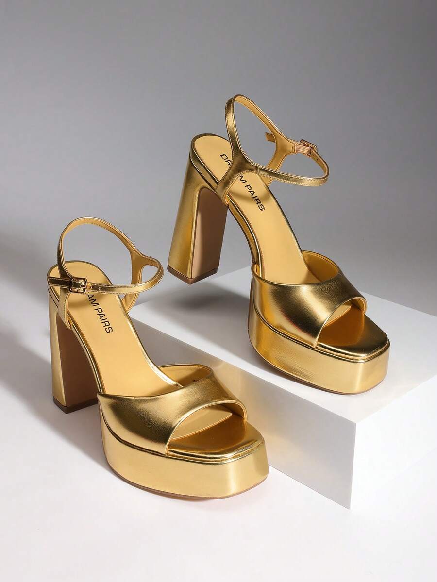 Women Chunky High Heeled Sandals 2026 New Spring Summer Sexy Open Toe Ankle Strap Super High Heel Sandals Suitable For Party Runway - 金色 - 查看 1