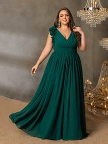 Faeriesty 大码女士优雅正式A字连衣裙，交叉肩带，荷叶边领口，修身剪裁，飘逸雪纺面料，适合晚宴、正式晚宴、新年庆祝活动、春季婚礼派对等场合。 - 墨綠色 - 查看 3