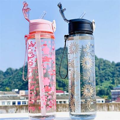 800毫升新月图案水瓶 - 月跑水瓶 - 渐变便携式水瓶 - 大容量户外运动水瓶 - 大容量塑料水瓶、水杯，非常适合生日派对和户外活动，也适合厨房、返校、旅行和日常生活。