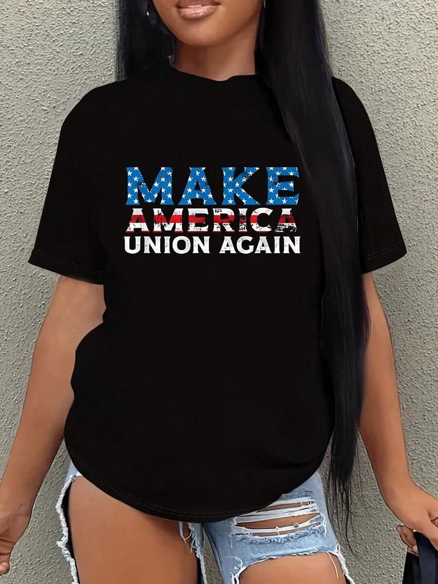 American Flag, Patriotic Design, Once Again Unifying America 1 Pcs Women's Plus Size T-Shirt Funny Oversized Graphic Short Sleeve Tee  100% Polyester 220g Novelty Shirt Casual Crew Neck Top - 黑色 - 查看 1