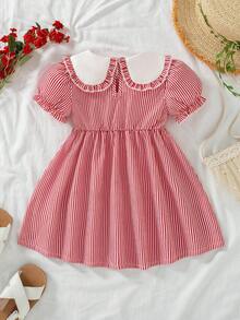 女婴情人节夏季新款荷叶边领草莓刺绣蝴蝶结条纹泡泡袖连衣裙 - 紅白色 - 查看 2