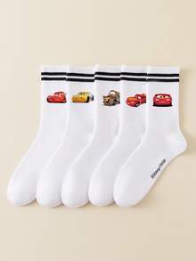 Disney 1/5双装汽车卡通图案中筒袜，运动双条纹，可爱卡通设计，防臭透气休闲百搭船袜，适合学生/成人作为礼物和日常穿着，袜子 - 白色 - 查看 15