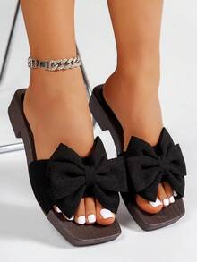 新款女士套脚拖鞋，休闲平底沙滩凉鞋，蝴蝶结装饰，简约舒适，大码可选，春夏穿搭 - 黑色 - 查看 4