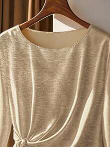 Minimalana 女士宽松休闲浪漫不对称下摆抽绳圆领长袖套头衫，适合春夏户外旅行、摄影、早午餐，也适合秋季穿着。 - 駝色 - 查看 6