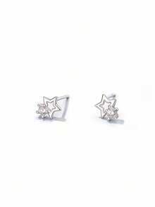 S925 Sterling Silver Shiny Zirconia Hollow Star Stud Earrings, Hypoallergenic For Men & Women, Christmas & Thanksgiving Gift, Comes With Elegant Gift Box - Silver - View 1