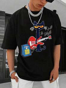 Dynamic Music Guitar Kitten Print-Shirt – 220g, Cotton Short Sleeve Round Neck Top, Fashionable Casual Premium Men's-Shirt – High-Quality Cartoon Print Design, Soft And Breathable, Loose Fit, Music Lovers And Kitten Enthusiasts NXHV - 白色 - 查看 4