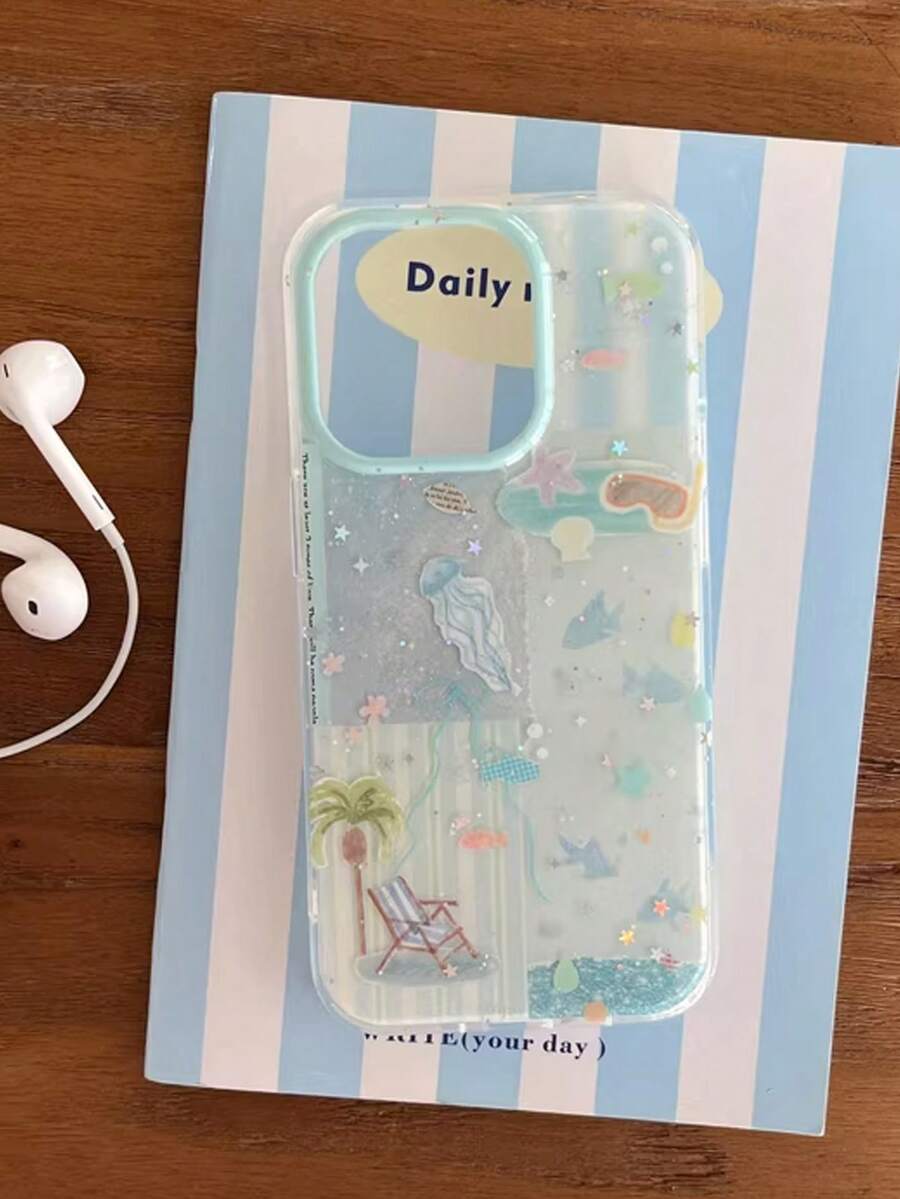 Ốp lưng cao cấp Niche Senior Feeling Blue Ocean Beach Jellyfish Starfish Following from Dream, Lovely Advanced Sense of Fashion and Personalized Drop Protection Shell, tương thích với iPhone 17 / 17 Pro Max, 16 Pro Max / 15 Pro / 14, 13/12/11. Thích hợp làm quà Giáng sinh cho người thân/bạn bè/chị em gái/bạn gái. - Màu xanh nhạt - Xem 1