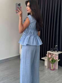 Yuyi 服装蓝色纹理面料褶皱松紧腰两件套，休闲办公街头日常夏季穿搭 - 藍色 - 查看 2