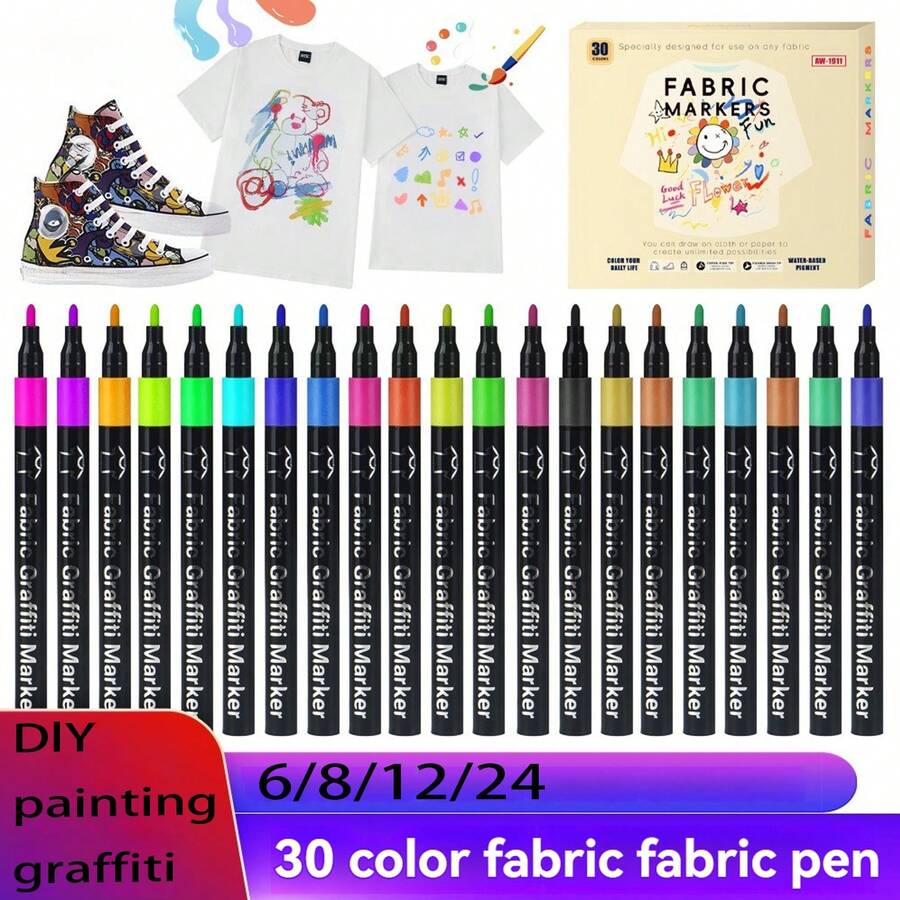 返校季及布料DIY绘画笔，纺织马克笔，6/8/12/24/30色可选，防渗色，防褪色，适用于衣物，布料DIY装饰马克笔，纺织专用永久性马克笔，多尺寸布料绘画笔，防水，不褪色，适用于衣物/布料，防渗色布料绘画，服装涂鸦纺织笔