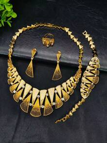 4件套女士镀金项链、耳环、手链、戒指首饰套装，中东迪拜非洲新娘婚礼派对首饰，情人节母亲节礼物，项链耳环套装
