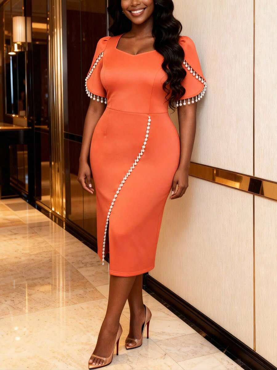 Orange Mid-Length Dress, Square Neckline With Pearl Chain And Tassel Decor, High Slit Design, Suitable For Cocktail Parties And Formal Occasions - Orange - View 1