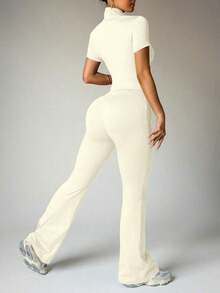 Women's Yoga Workout Set: Short Sleeve Zip-Up Jacket And High-Waisted Flare Pants - Moisture-Wicking, 4-Way Stretch, Suitable For Yoga, Pilates, Gym Workouts (Multiple Colors/Sizes Available) - 杏色 - 查看 3