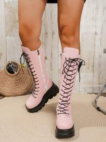 Women's Round Toe Thick Sole High Heel Tall Boots, Pink & Black, Lace-Up Elastic Fashion Boots, Autumn/Winter - Pink - View 4