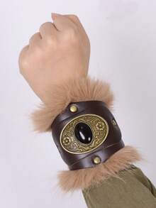2pcs Medieval Viking Faux Fur And PU Leather Bracers, Renaissance Knight Wrist Guards, Suitable For Renaissance Viking Fair, Role-Playing Games, Halloween Costume Accessories Props - Brown - View 8
